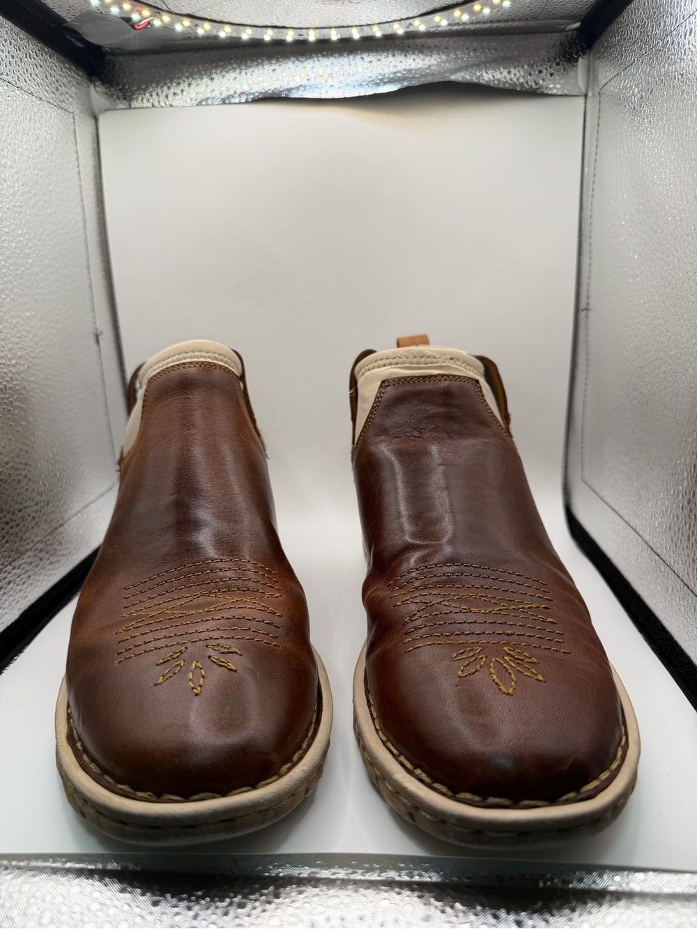 Tony Lama Brown Leather Ankle Booties with Cream Trim